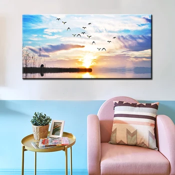 60x120cm-Solnedgange Naturlige Sø Flyvende Fugle Landskab Lærred Maleri Plakater og Prints Væg Kunst Billedet for at Stue Indretning