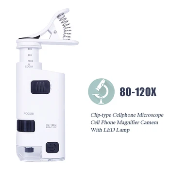 80-120X med LED Lampe Lupper Digitale Clip-type Mobiltelefon Mikroskop Universal Mobiltelefon Lup Klip Zoom Justerbar