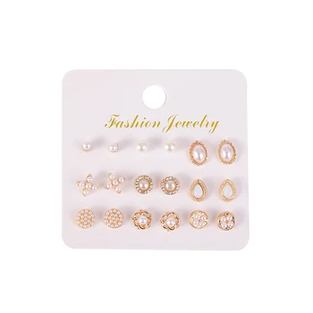 9 par/sæt 2021 nye mode golden water drop design blomst rhinestone pearl stud øreringe til kvinder gilr bryllup part gave