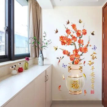 92*162cm Stor Vase Wall Sticker Smuk Plum Blossom Hus Dekoration Kunst Blomst Butterfly Home Decor til Soveværelse Stue
