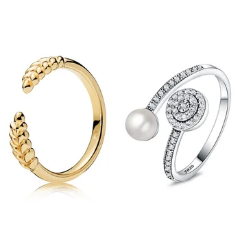 925 Sterling Sølv 2 Style 1 Stk Kvinder, Ringe, Smykker Pearl Krystal Åbning Style Ring For Kvinder Bryllup Smykker