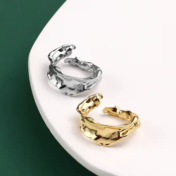 925 Sterling Sølv Nyt Enkelt Design Bølge Guld Farve Ringe Retro Nødlidende Åbning Håndlavet Ring Mode Fine Smykker