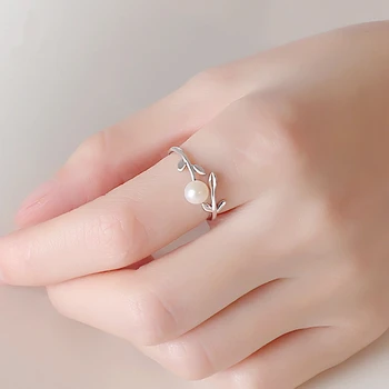 925 Sølv Farve Virkelige Naturlige Perle Ring for Kvinder Blad Perle Bizuteria Ædelsten Sølv Smykker Ring Box Vielsesring til Kvinder
