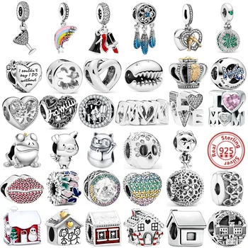 925 Sølv Læift på Læberne Blå Fjer Huse Hollow Heart Perler Passer Oprindelige Pandora Charms Armbånd DIY Fine Smykker Kvinder Gave