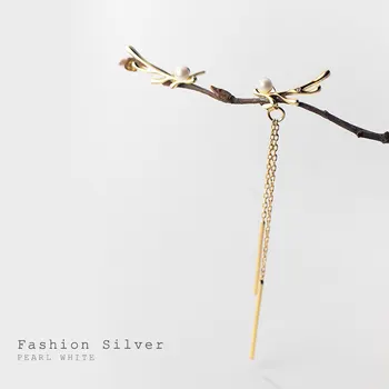 A00598 Mode Elg Gevirer Perle Kvast Stud Øreringe til Kvinder i Ægte 925 Sterling Sølv Asymmetrisk Smykker