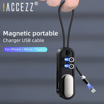 !ACCEZZ 3-i-1 Kort Magnetisk USB-Kabel Med Magnetic Plug Box Storage Til iPhone 11 Pro XS ANTAL XR-X Huawei Xiaomi Opladning Wire