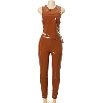 ANJAMANOR Pu Patent Læder Bukser Passer Kvindelige Sexet Bodycon 2 delt Sæt, Dame Tøj Clubwear Matchende Sæt D85-EI33