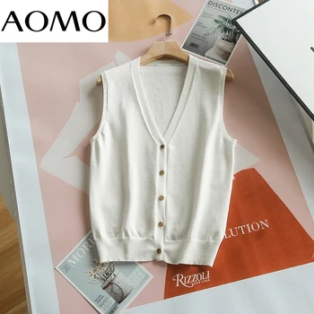 AOMO Kvinder 2021 Mode Elegant Hvid Strikket Vest Sweater med V-Hals uden Ærmer Kvindelige Vest Smarte Toppe SW11A