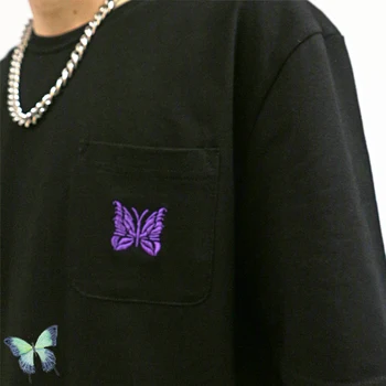 AWGE Nåle Stribet T-Shirt med Broderi Butterfly Mænd Kvinder Nåle T-shirt