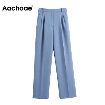 Aachoae Elegante Blå Farve Lange Bukser Kvinder Plisserede Kontor Slid Lady Bukser Med Lynlås Vintage Lige Bukser Pantalones