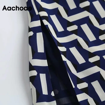 Aachoae Geometriske Print Vintage Maxi Kjole Kvinder Med Lange Ærmer Casual Vinger Kjole Kontor Damer Turn Down Krave Skjorte Kjole