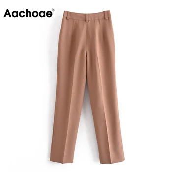 Aachoae Nye Kvinder Mode 2021 Solid Farve Straigth Bukser Smarte Kontor Slid Damer Bukser, Lynlås Lange Bunde Mujer Bukser