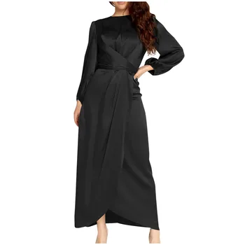 Abaya Wrap-Front-Dress langærmet Satin Farve Slids til taljen Lange Kjole Kvinder, Dubai, Tyrkiet Mode Elegante Slid