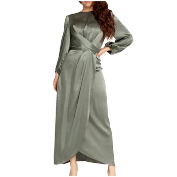 Abaya Wrap-Front-Dress langærmet Satin Farve Slids til taljen Lange Kjole Kvinder, Dubai, Tyrkiet Mode Elegante Slid