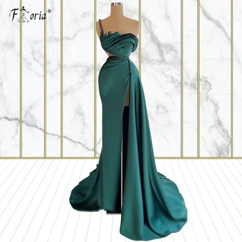 Abendkleider 2021 Enkle Stil Grøn Muslimske Aften Kjole Havfrue Crystal Satin Slids Arabisk Dubai Sexet Formel Prom Kjoler Lange
