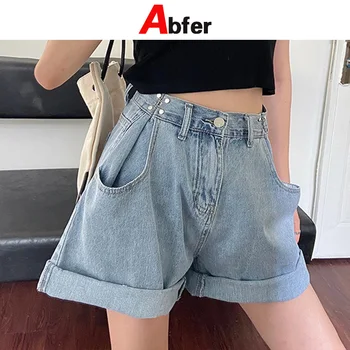 Abfer Sommer Plus Size Denim Shorts Kvinder 2021 Koreansk Stil Brede Ben Jeans Med Høj Talje-Knappen Baggy Jeans Harajuku Korte Bukser