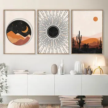 Abstract Midten af Århundredet, plakat Solen og Månen Lærred Maleri Regnbuer Moderne Kunst Print Geometriske Væg Kunst Billede til stuen