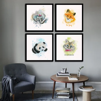 Abstrakt Lærred Maleri Nordiske Udskriver Dyr Fox Home Kids Room Dekoration Væg Kunst Modulære Akvarel Cat Billeder, Plakat