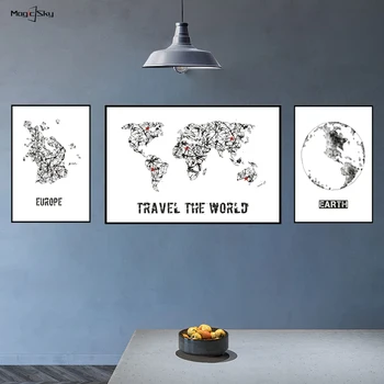 Abstrakte Verden Kort Kontinent, Europa, Asien Kort Wall Decor Poster Nordiske Lærred Maleri Stue, Soveværelse, Boligindretning Moderne