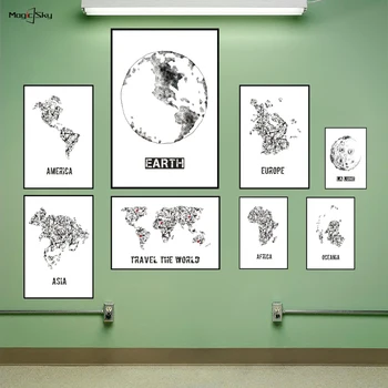 Abstrakte Verden Kort Kontinent, Europa, Asien Kort Wall Decor Poster Nordiske Lærred Maleri Stue, Soveværelse, Boligindretning Moderne