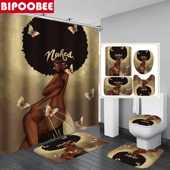 Afro-Amerikanske Kvinder, med Krone Holdbar Vandtæt Brusebad Gardin Sæt med Afro Afrika Pige Dronning, Non-Slip Badeværelse Mat Tæpper