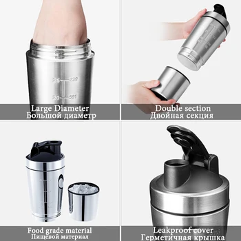 Aftagelig Whey Protein Pulver Sport Fitness Shaker Flaske Til Vand Flasker Rustfrit Stål Cup Vakuum Mixer Udendørs Drinkware