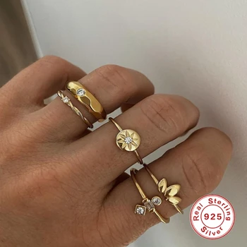 Aide Mode 925 Sterling Sølv, Minimalistisk Enkle Blade Åbne Ringe Bling Crystal Zircon Heldig Ring for Fine Kvinder Smykker Gave