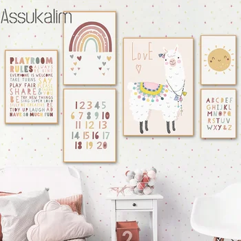 Alpaca Væg Kunst, Plakater Solen Rainbow Print På Lærred Alfabet Kunst Maleri Børnehave Print Nordiske Væg Billeder Kids Room Dekoration