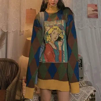 Anime Sweater Kvinder Harajuku Vintage Plus Size Varmt Efterår Streetwear Løs Rullekrave Strik Sweater Vinteren Kvinder Top
