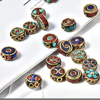 Antikke Gyldne Charms Tibetanske Perler, Metal Indlæg Kunstige Coral Vedhæng Perle Retro Messing Armbånd Armbånd Smykker DIY Gave