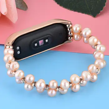 Armbånd til Xiaomi MiBand 3 4& Mi Band 5 6 Remme, Håndlavet Elastisk Bling-Smykker-Armbånd Luksus Udskiftning Pink Pearl