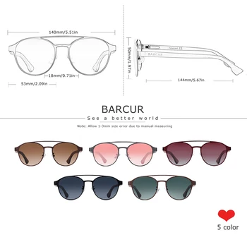 BARCUR Mode Runde Design Kvinder Sunglasses Metal-Ramme Polariseret Linse Lamineret Ibenholt Træ Tempel Mand Sol Briller UV400
