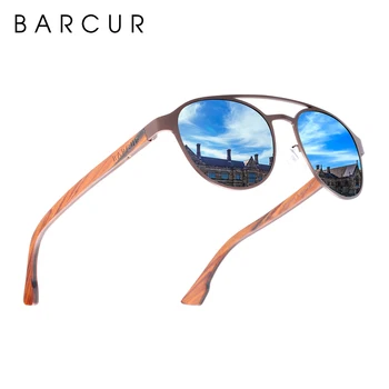 BARCUR Mode Runde Design Kvinder Sunglasses Metal-Ramme Polariseret Linse Lamineret Ibenholt Træ Tempel Mand Sol Briller UV400