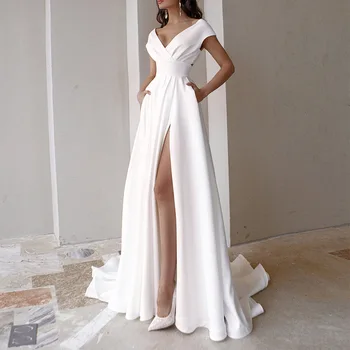 BAZIIINGAAA Enkel Kjole til brudekjoler i Taft Elegante Bride V-hals Lace Pynt Bryllup Kjoler Plus Size Foråret 2021 Robe De Mariee