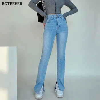 BGTEEVER Smarte Høj Talje Dobbelt-Knappen for Kvinder er Denim Bukser Casual Kvindelige Delt Lige Blue Jeans Bukser 2021 Forår, Sommer