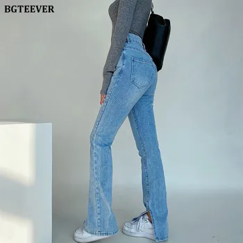 BGTEEVER Smarte Høj Talje Dobbelt-Knappen for Kvinder er Denim Bukser Casual Kvindelige Delt Lige Blue Jeans Bukser 2021 Forår, Sommer