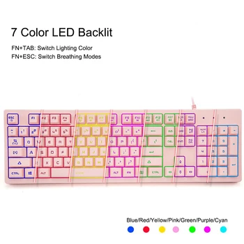 Basaltech Pink Tastatur med LED-Baggrundsbelyst 104-Tasten Stille Gaming Mekanisk Tastatur Følelse Vandtæt Kabel USB til PC, Mac Laptop