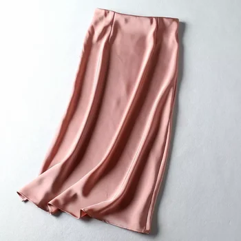 BeeHouse slank fransk-knappen slids satin ensfarvet pink høj talje saia longa feminina faldas æstetiske midi-nederdel Alle-match