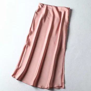 BeeHouse slank fransk-knappen slids satin ensfarvet pink høj talje saia longa feminina faldas æstetiske midi-nederdel Alle-match