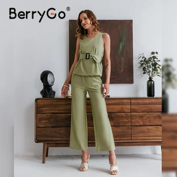 BerryGo asual Sommer uden Ærmer Kvinder, de Passer Mode Solid To-delt V-hals Top Bukser Sæt 2021 Elegante Grønne Kontor Damer Dragter