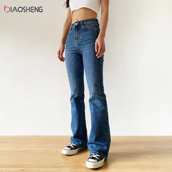 BiaoSheng Blussede Jeans Kvinde, Høj Talje Denim Bukser Til Kvinder Blå Elastik Tynde Mode Klassiske Oversize Bred Ben Bukser
