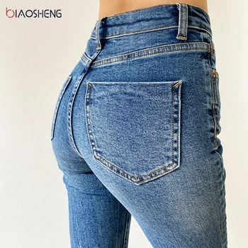 BiaoSheng Blussede Jeans Kvinde, Høj Talje Denim Bukser Til Kvinder Blå Elastik Tynde Mode Klassiske Oversize Bred Ben Bukser