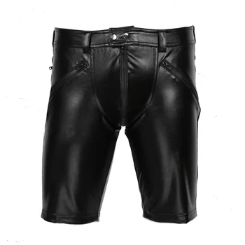 Black Fashion Herre Shorts Sexede Læder Midten Pants med Lynlås Foran Snap-Knap Lukning Moto Punk Cocktail cClubwear Kostumer