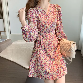Blomster Mini Kjoler Kvinder Lace-up koreansk Stil, Smarte Trendy Slanke Populære Ulzzang Vestido Feminino Sommeren Fritid Vintage 2021 Ins