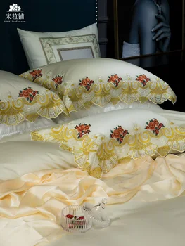 Blonde Kant Sengetæppe Royal Sengetøj Sæt King Size Sengelinned Af Egyptisk Bomuld Ark Sæt Luksus Prinsesse Seng Indstillet Til Hjem Pudebetræk