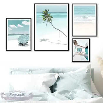 Blue Beach-Coconut Tree Bus Seascape Plakat Pariserhjul Shell Havet Bølge Væg Kunst, Lærred Maleri Nordiske Solrige Billede, Rum Udsmykning