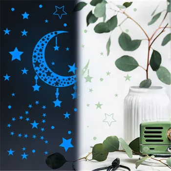 Blå Lysende Måne Slot Eid Mubarak Wall Stickers Til Børneværelset Soveværelse Glød I Mørke Ramadan Vægoverføringsbilleder Muslimske Room Decor