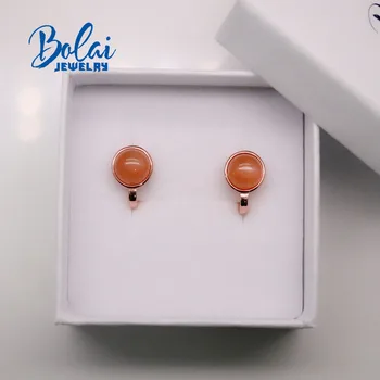 Bolai,Natural orange månesten runde 8.0 mm øreringe, 925 sterling sølv enkelt temperament kvinders daglige slid fine smykker