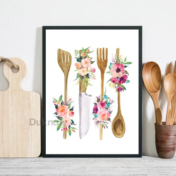 Bon Appetit Citat Art Prints Franske Køkken Væg Udsmykning ,Akvarel Blomster Køkken, Træ-Redskab Plakat Lærred Maleri Billede