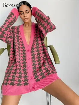 Bornsra 2021 Sweater Kvinder er Løstsiddende med V-hals Houndstooth langærmet Strik Cardigan Jakke Kontrast Farve Almindelig Sweater Kvinder